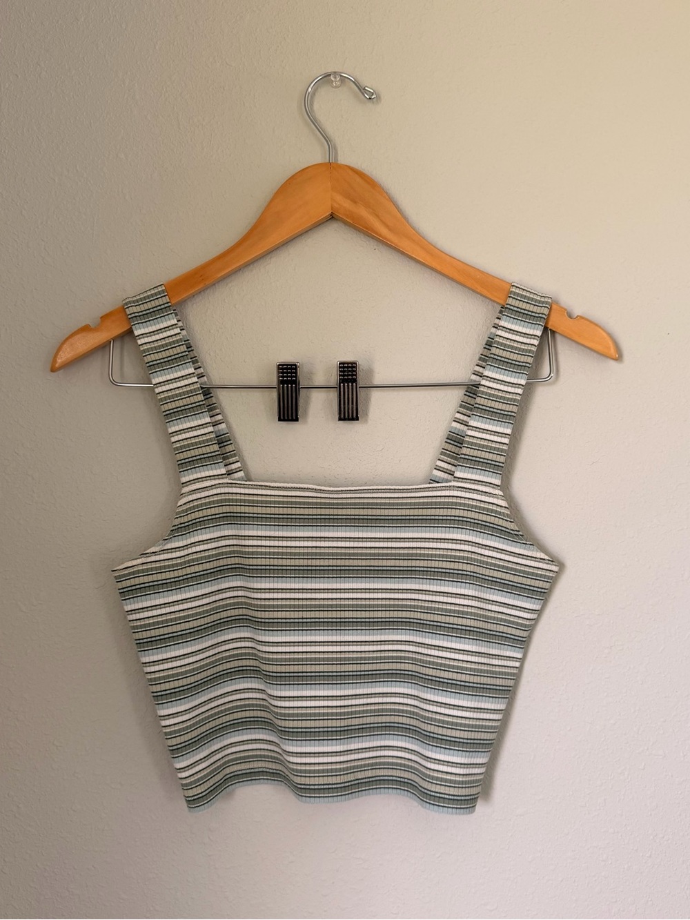 American Eagle Outfitters Striped Square-Neck Crop Top in Sage and White
